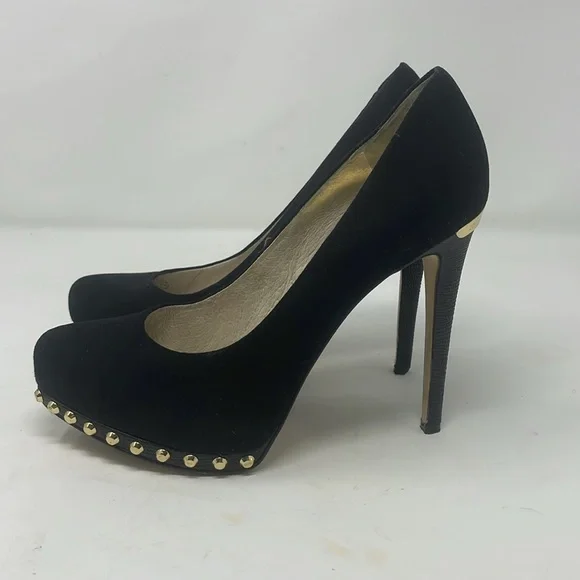 Michael Kors Black Suede Pumps with Gold Accents Size 7.5 Excellent Condition - Picture 4 of 16